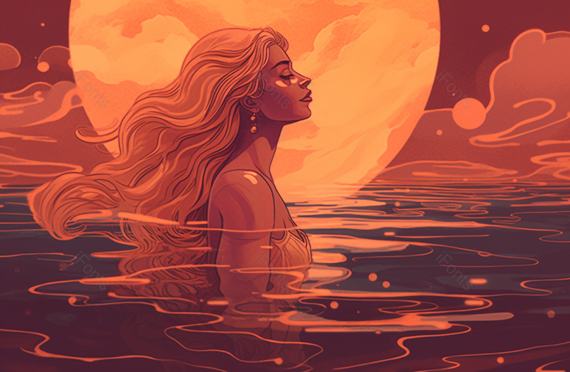 夜空中的圆月从水面升起满月月亮下方水里站着一个女人插画,插画/手绘图,插画/手绘图库,插画/手绘图下载,插画/手绘